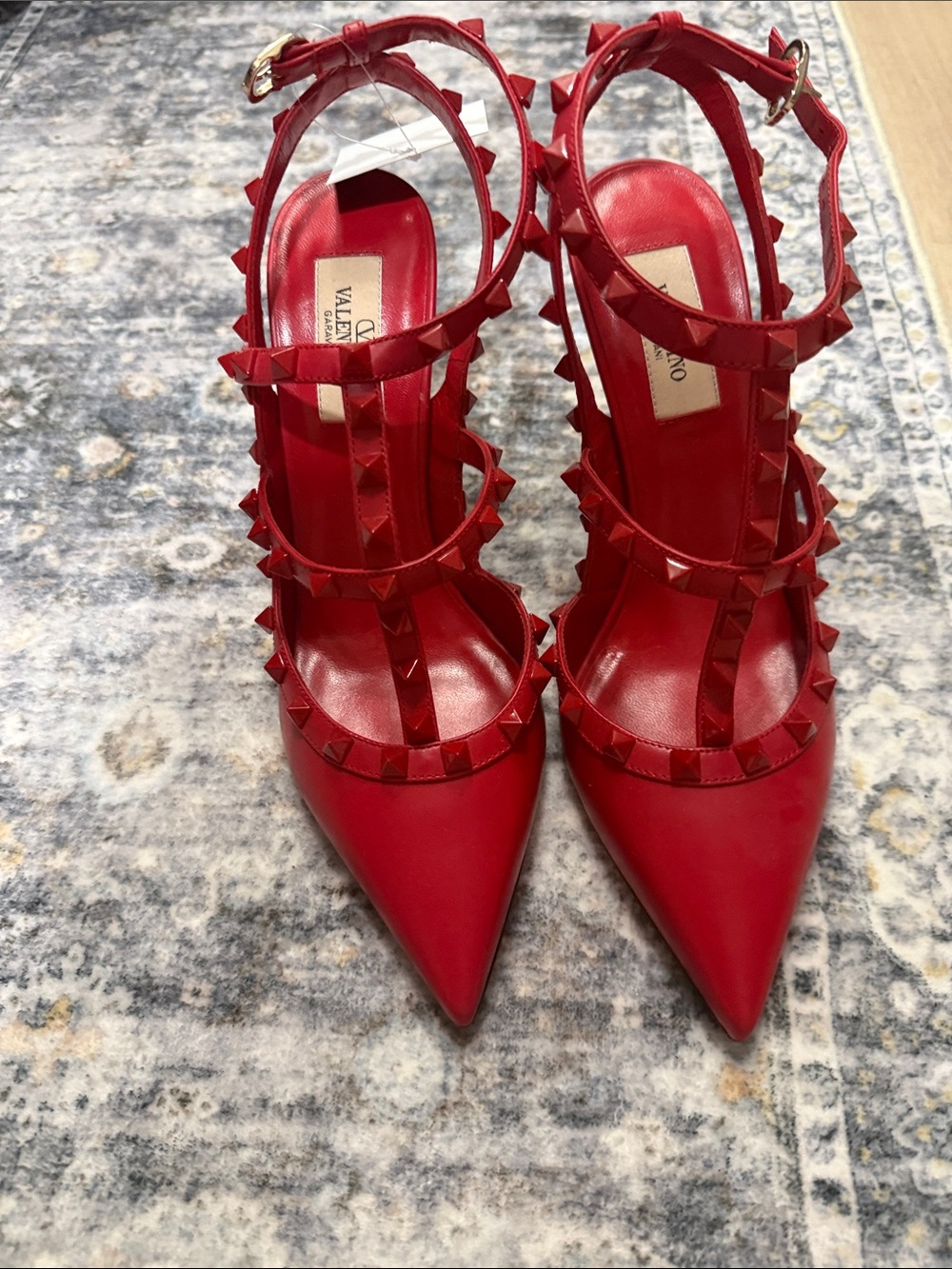 Valentino Red Studded T-Strap Pointed Pumps